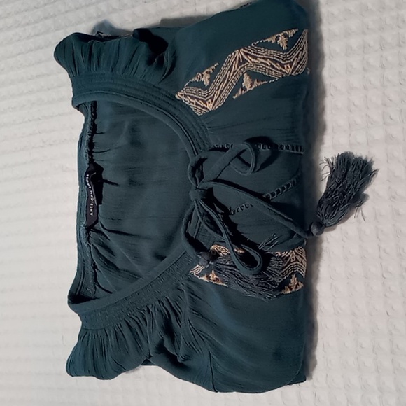 American Eagle Women's Top Long Sleeve Embroidered Dusty Blue/Cream Size Large - Picture 15 of 15